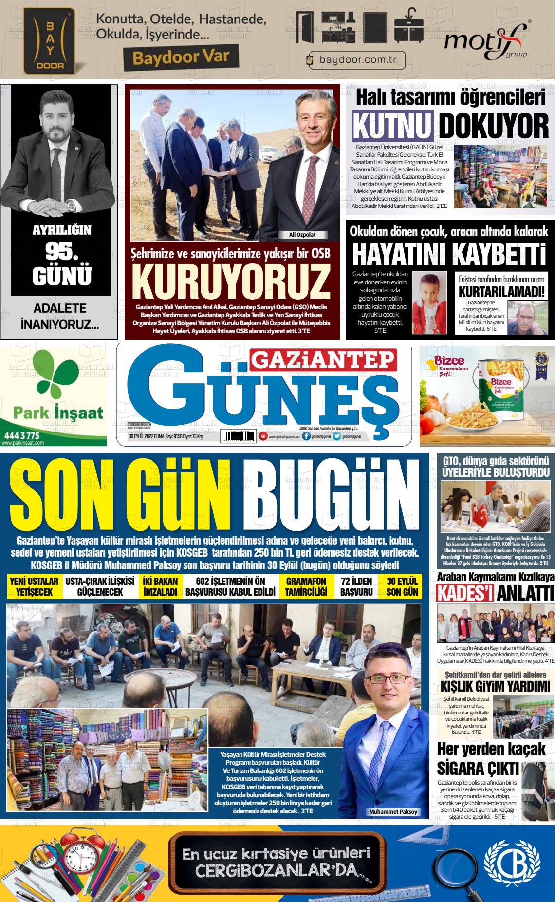 30 Eylül 2022 Gaziantep Güneş Gazete Manşeti