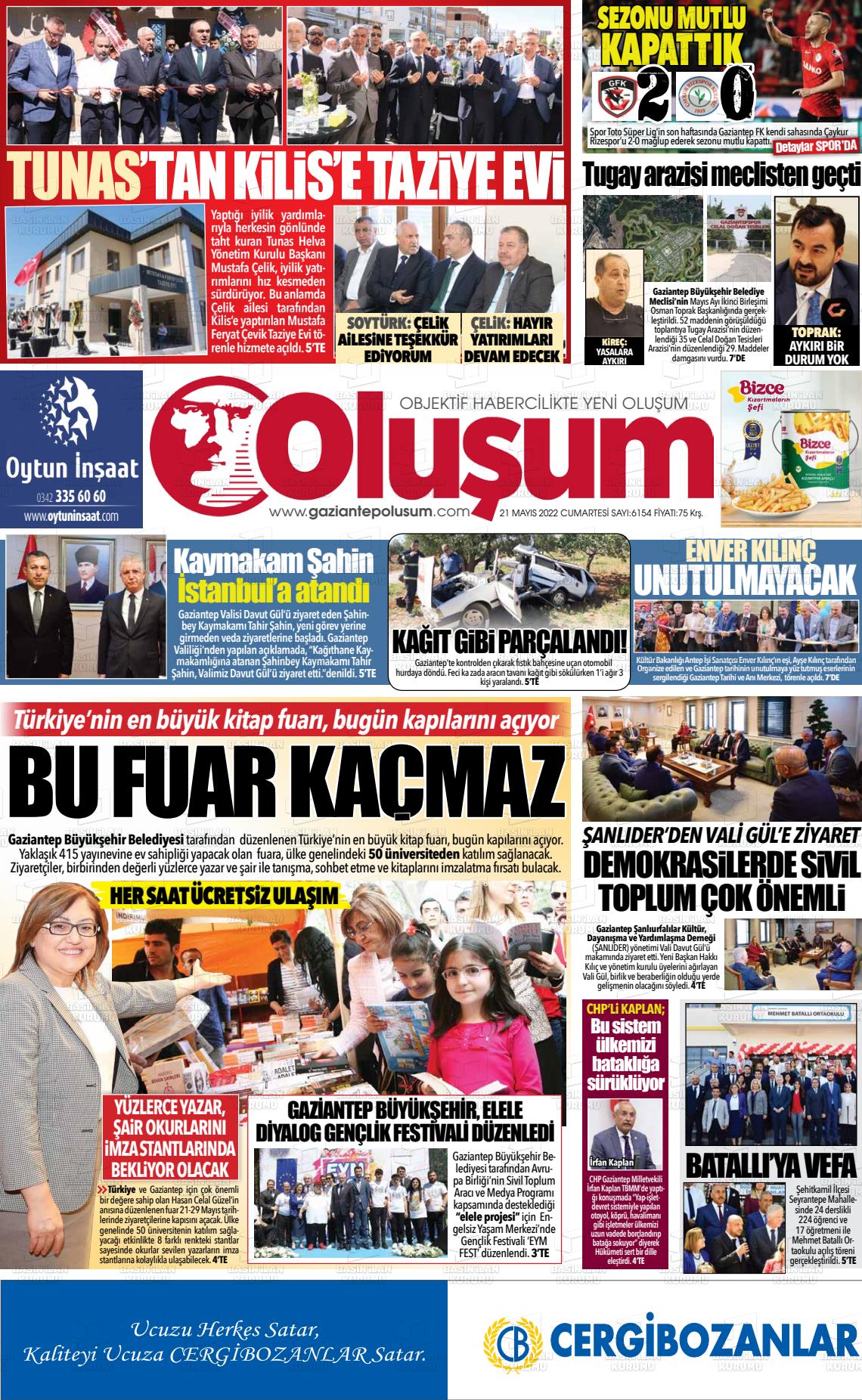 21 Mayıs 2022 Gaziantep Oluşum Gazete Manşeti