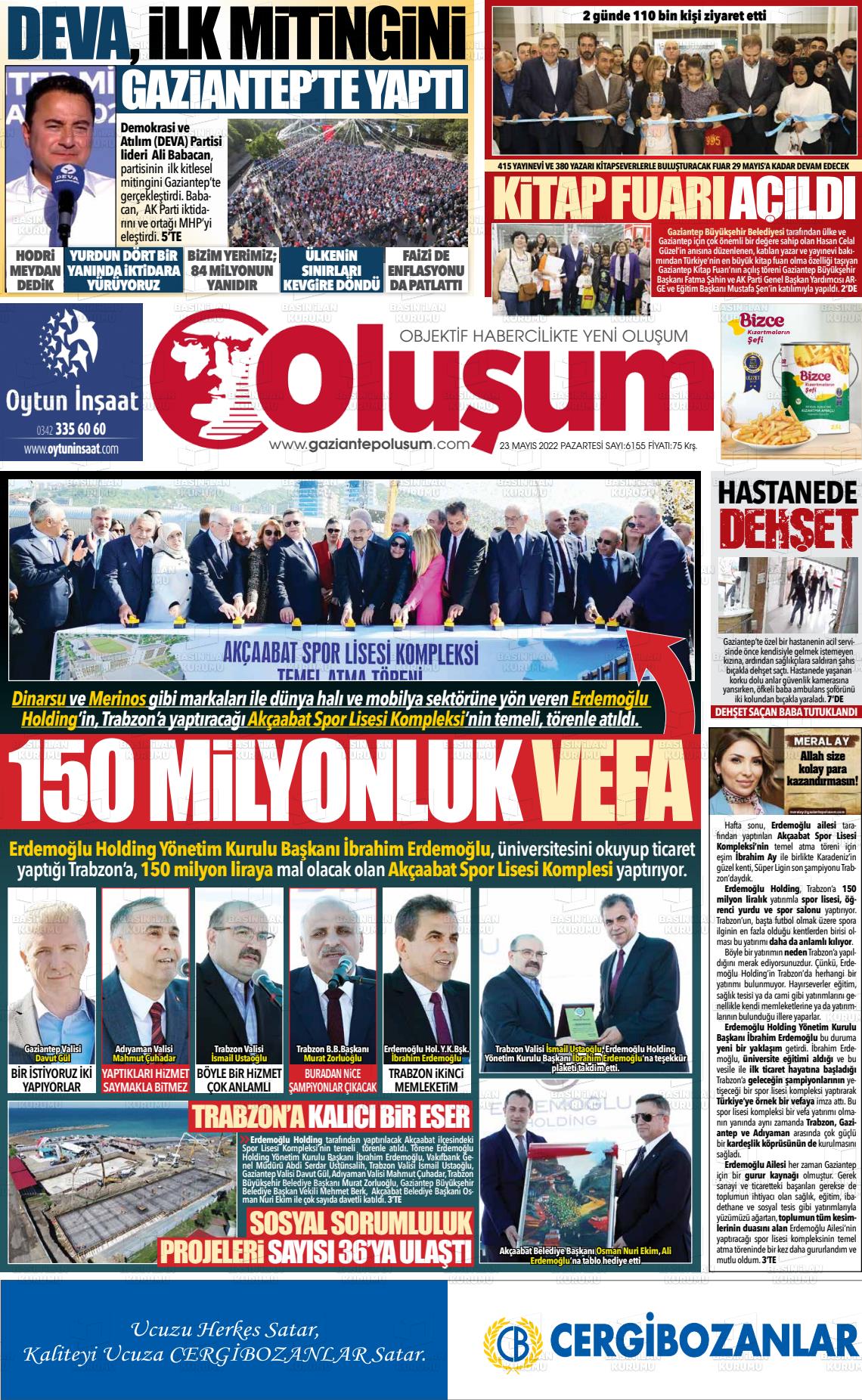 23 Mayıs 2022 Gaziantep Oluşum Gazete Manşeti