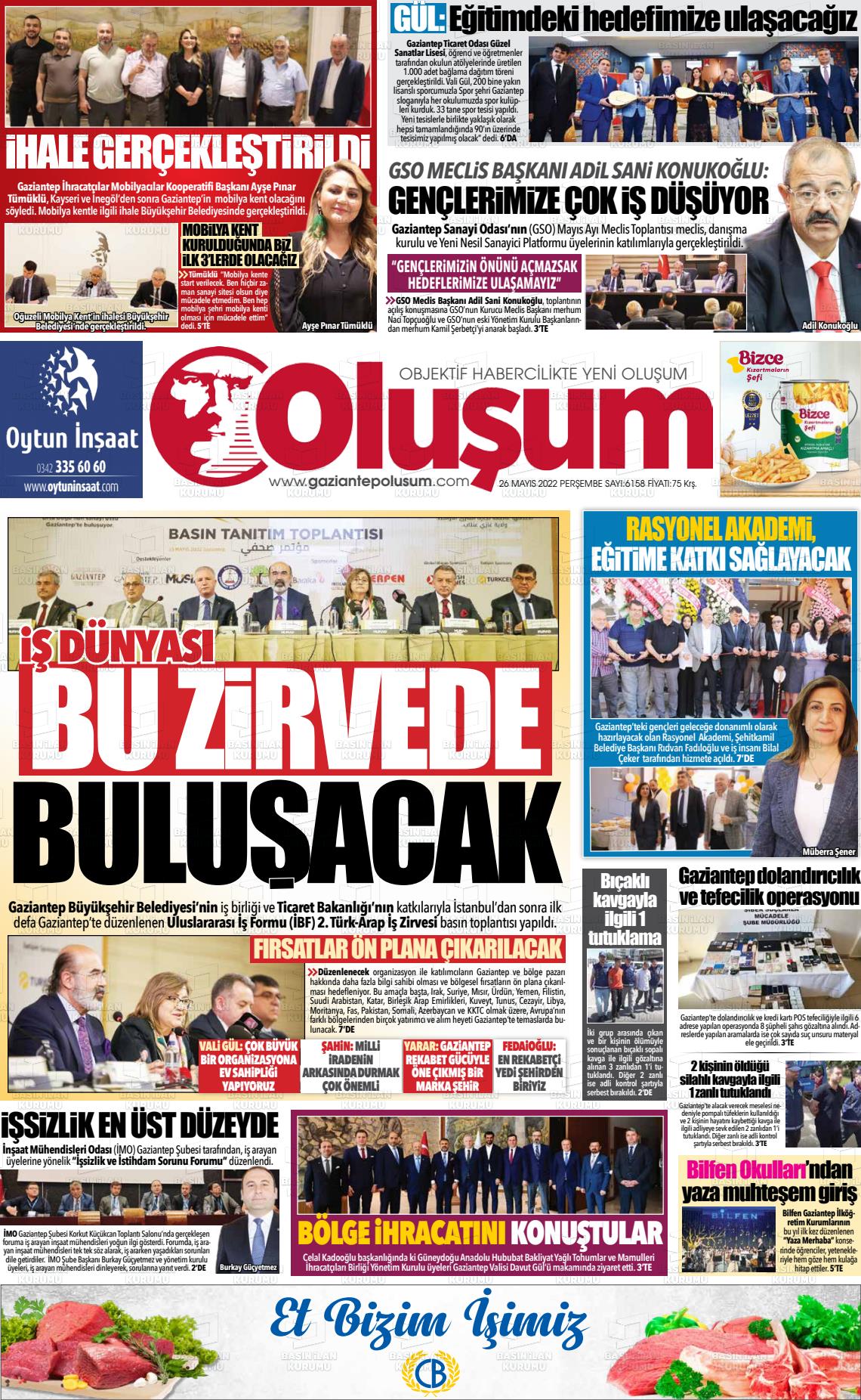26 Mayıs 2022 Gaziantep Oluşum Gazete Manşeti