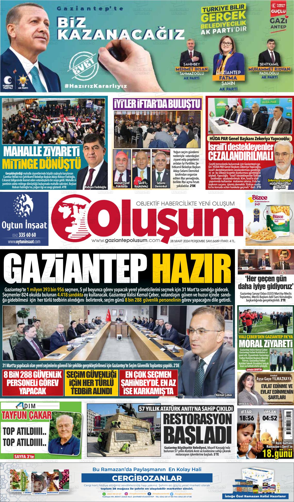 28 Mart 2024 Gaziantep Oluşum Gazete Manşeti