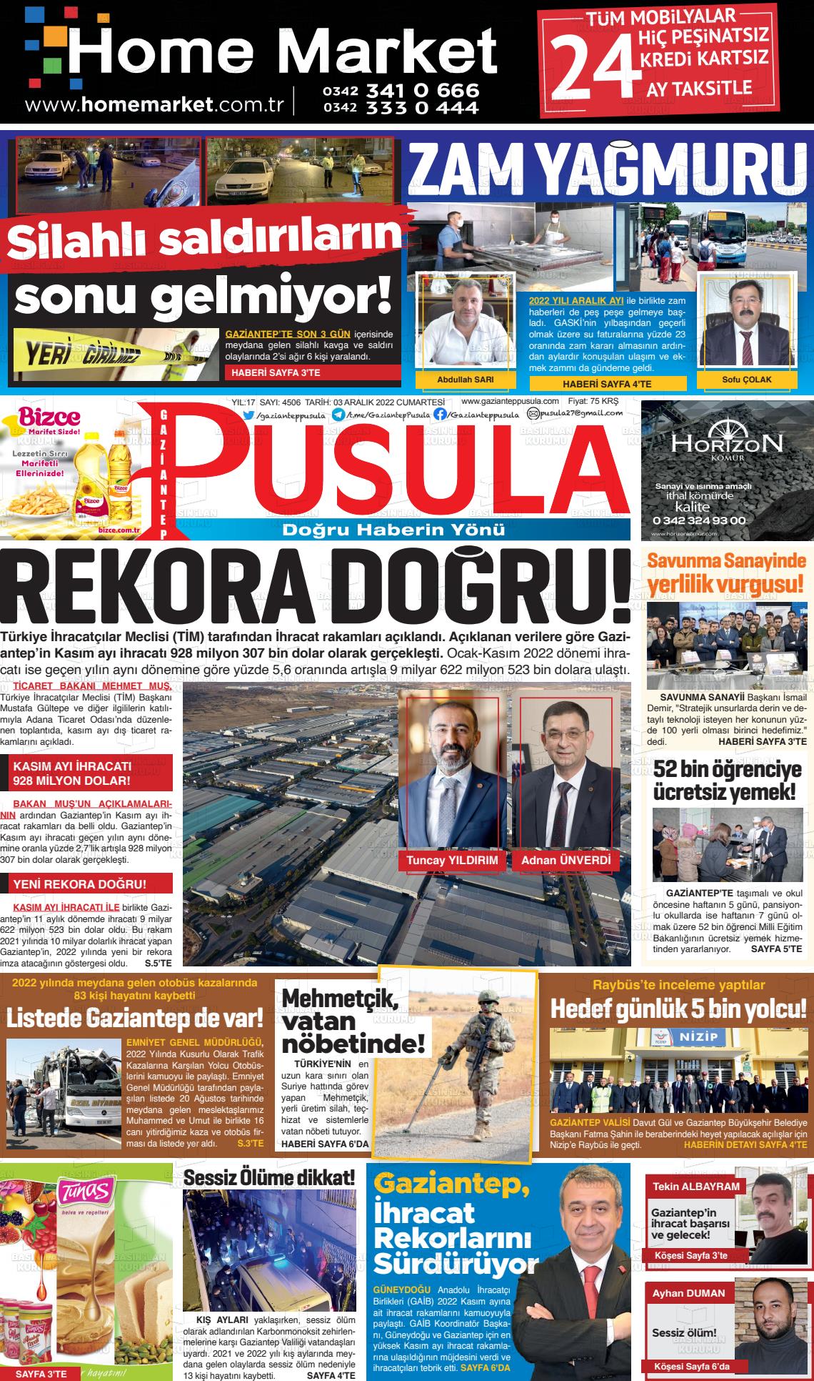 03 Aralık 2022 Gaziantep Pusula Gazete Manşeti