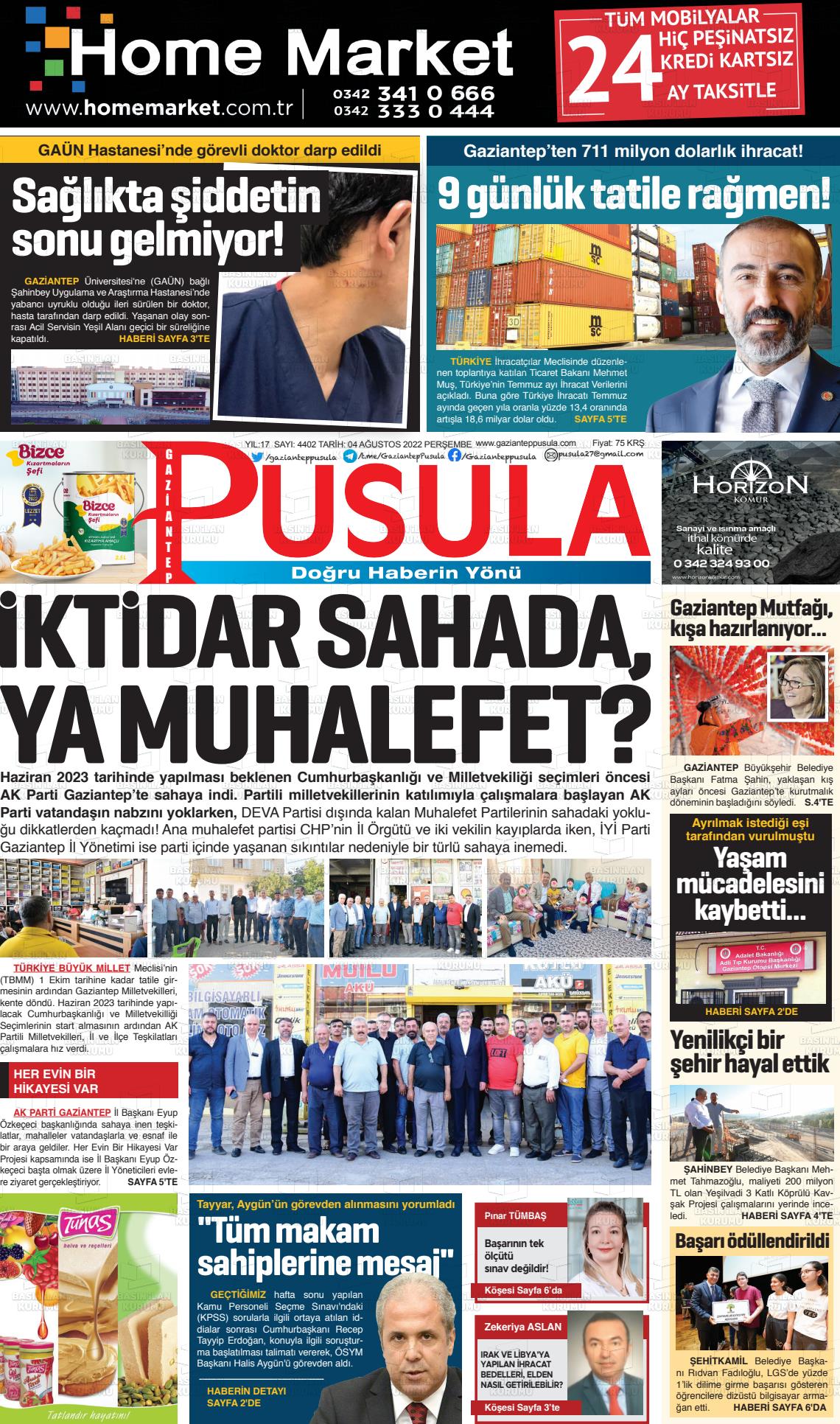 04 Ağustos 2022 Gaziantep Pusula Gazete Manşeti