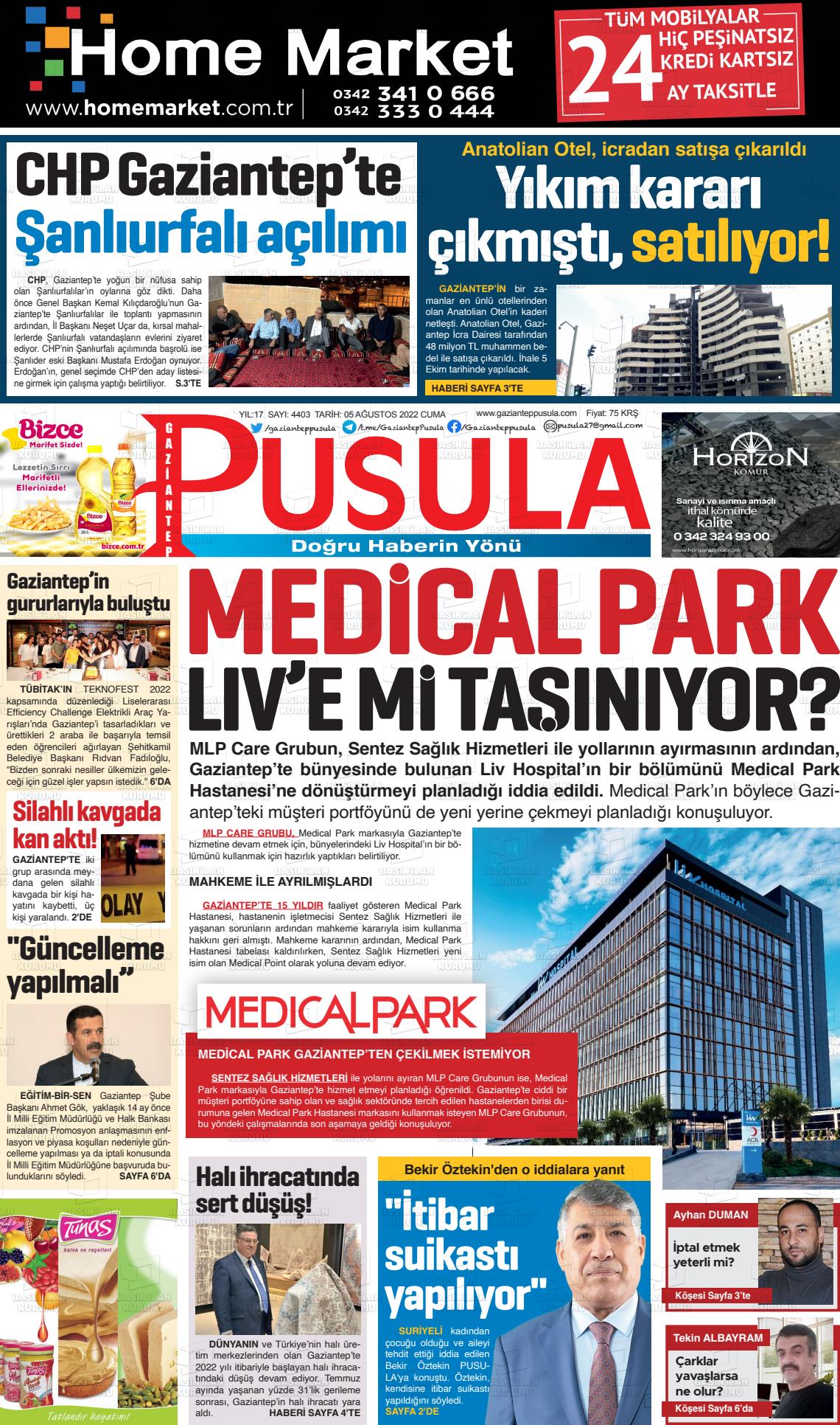 05 Ağustos 2022 Gaziantep Pusula Gazete Manşeti