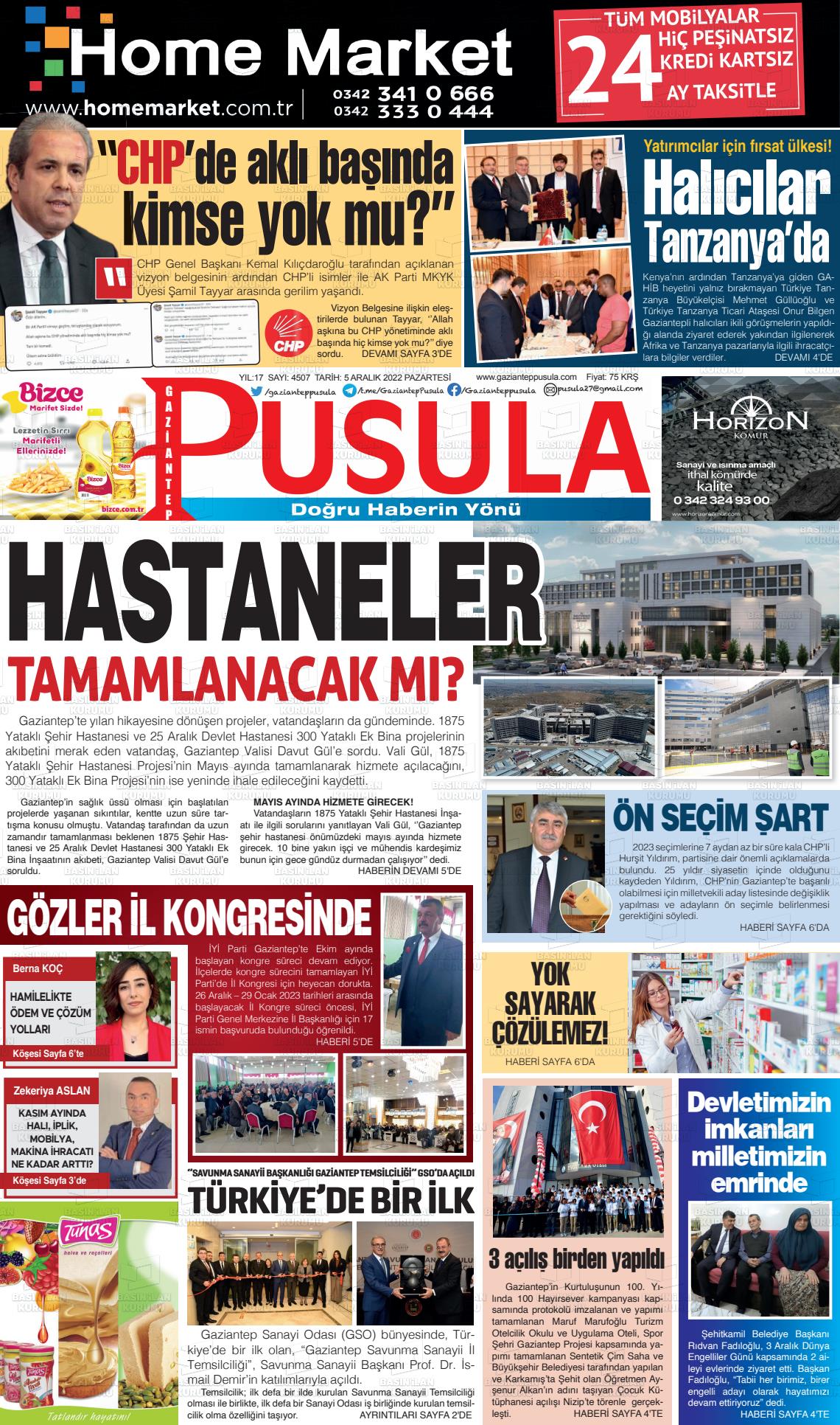 05 Aralık 2022 Gaziantep Pusula Gazete Manşeti