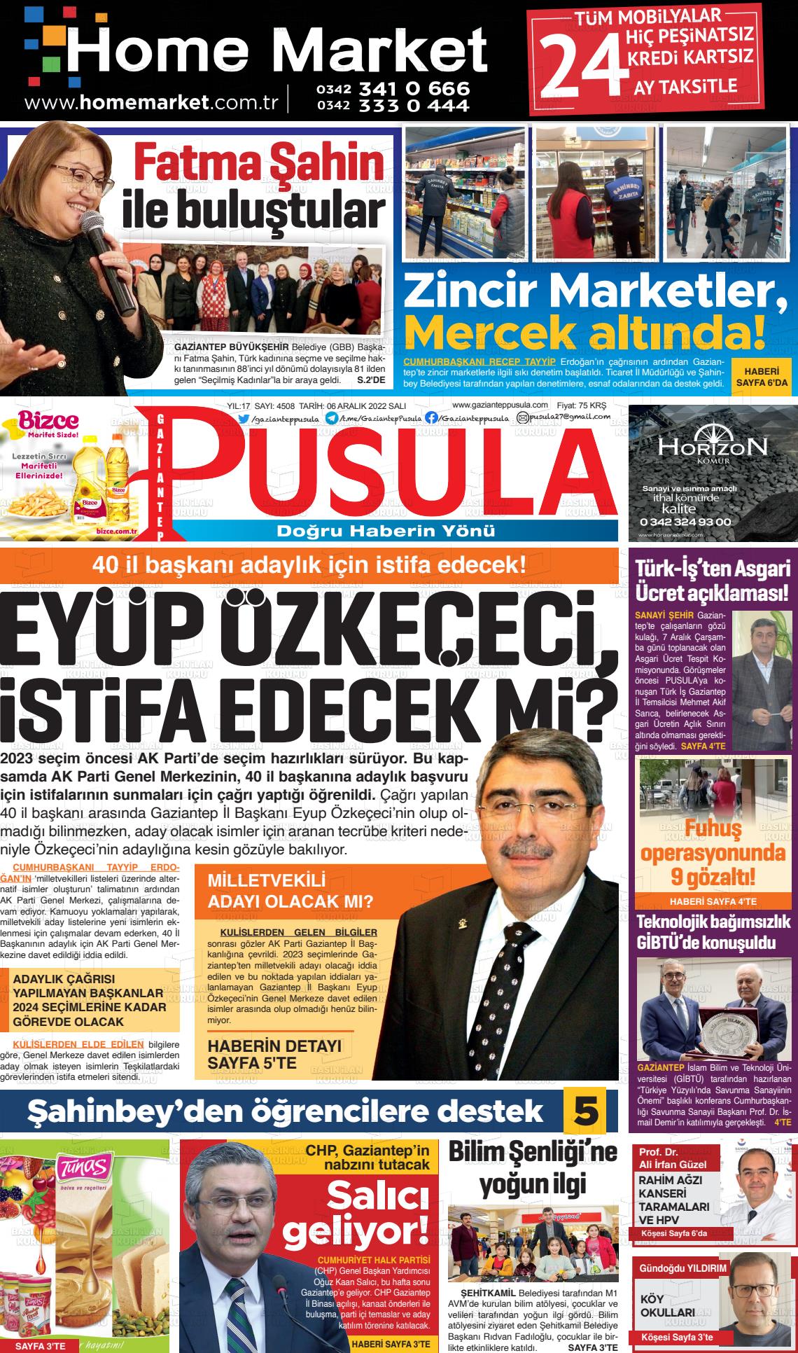 06 Aralık 2022 Gaziantep Pusula Gazete Manşeti
