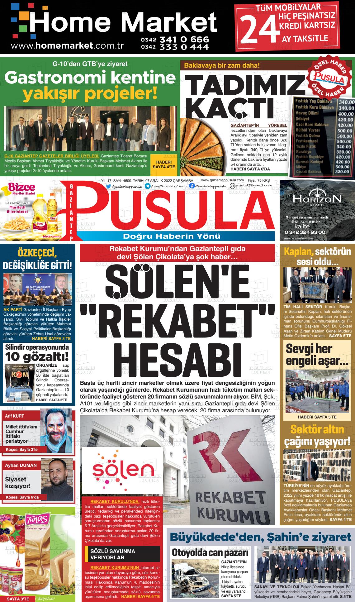 07 Aralık 2022 Gaziantep Pusula Gazete Manşeti