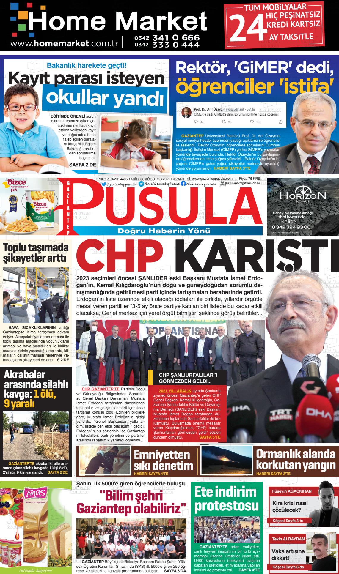 08 Ağustos 2022 Gaziantep Pusula Gazete Manşeti