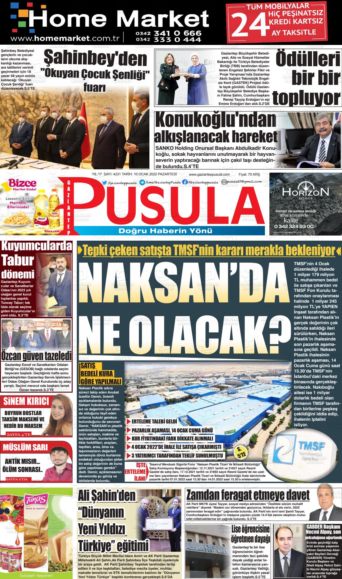 10 Ocak 2022 Gaziantep Pusula Gazete Manşeti