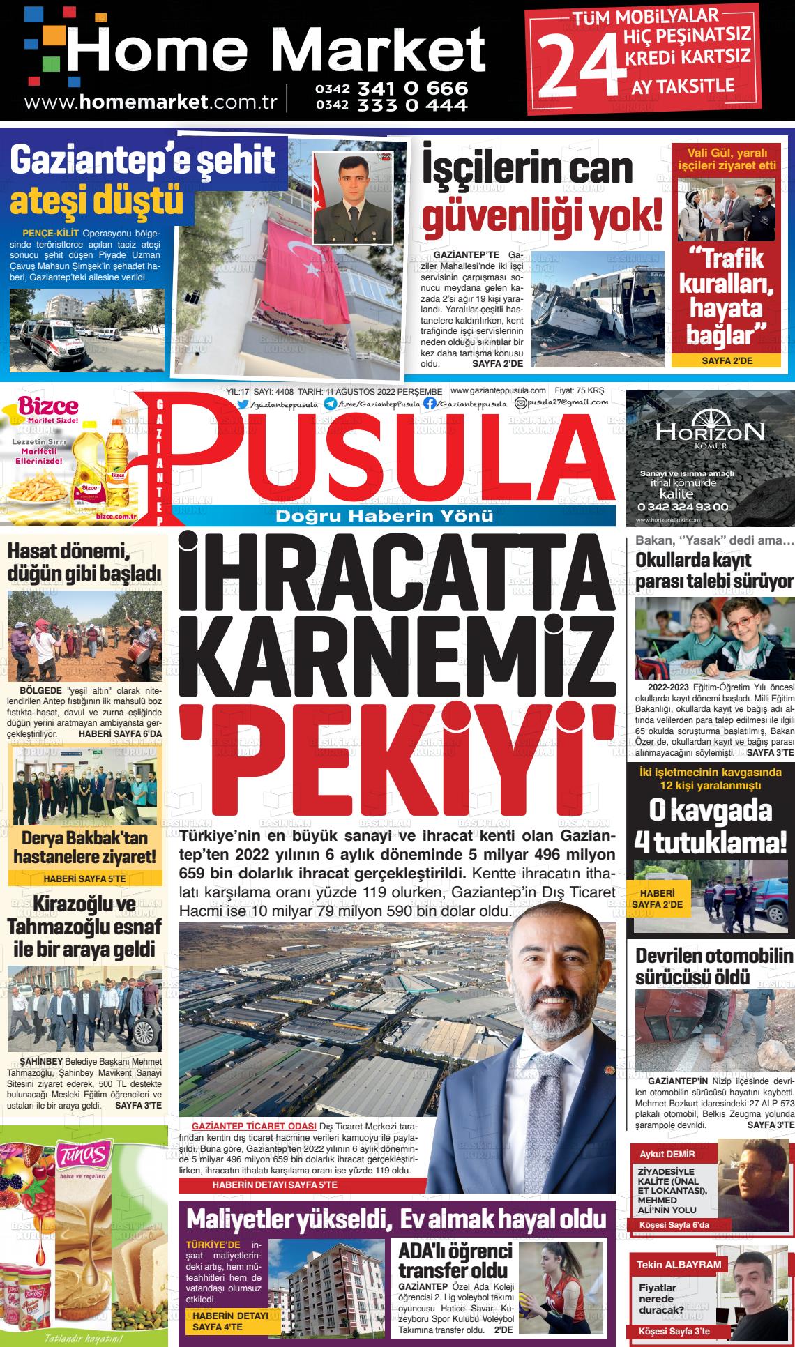 11 Ağustos 2022 Gaziantep Pusula Gazete Manşeti