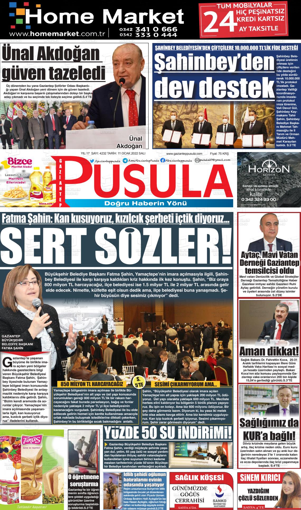 11 Ocak 2022 Gaziantep Pusula Gazete Manşeti