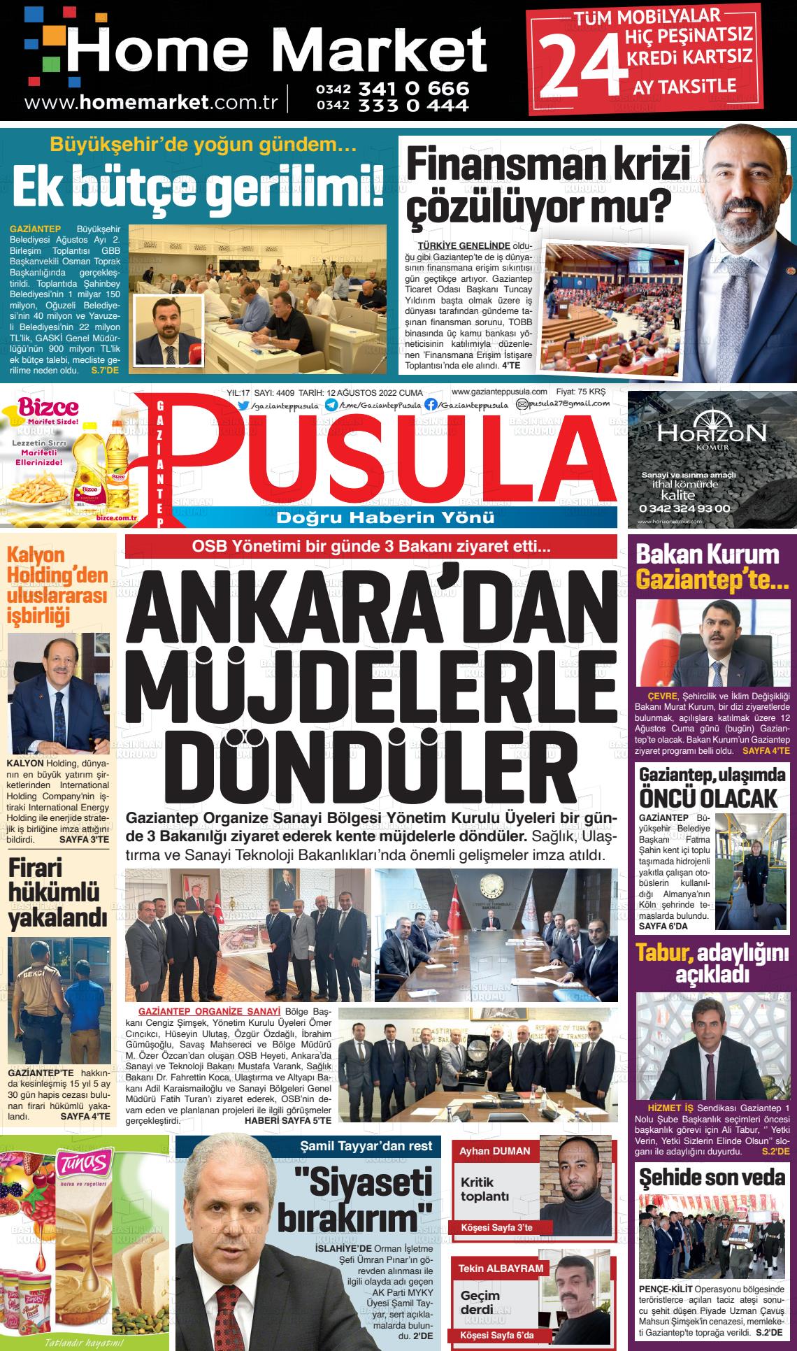12 Ağustos 2022 Gaziantep Pusula Gazete Manşeti
