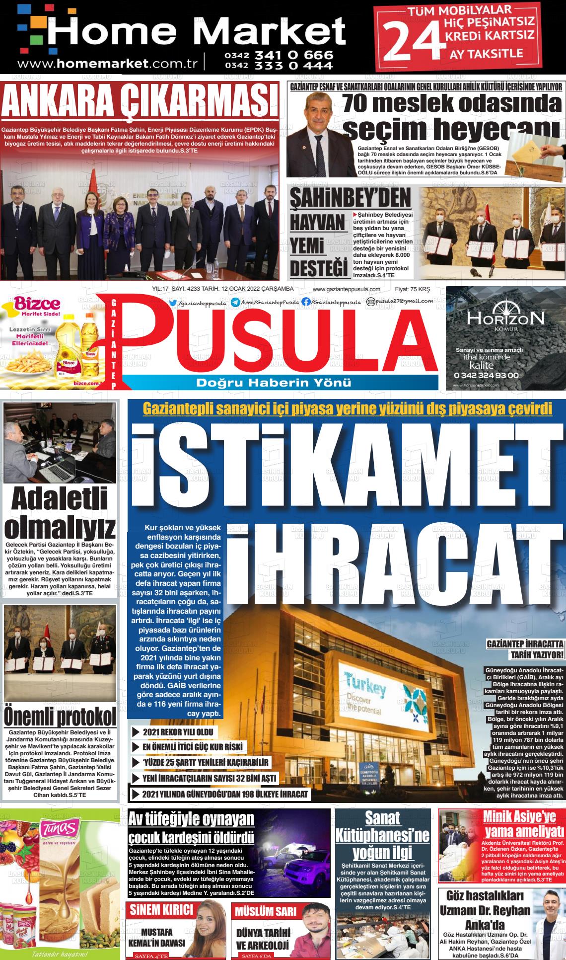 12 Ocak 2022 Gaziantep Pusula Gazete Manşeti