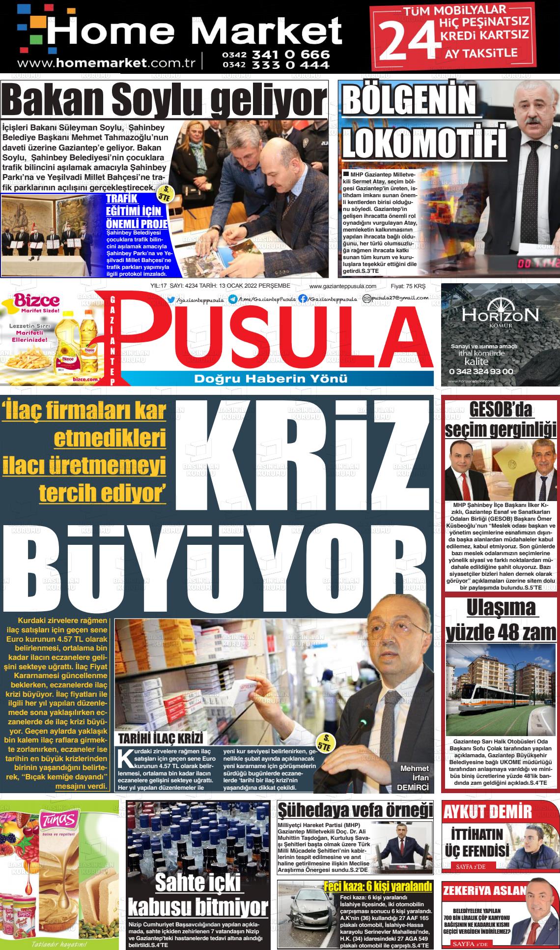13 Ocak 2022 Gaziantep Pusula Gazete Manşeti