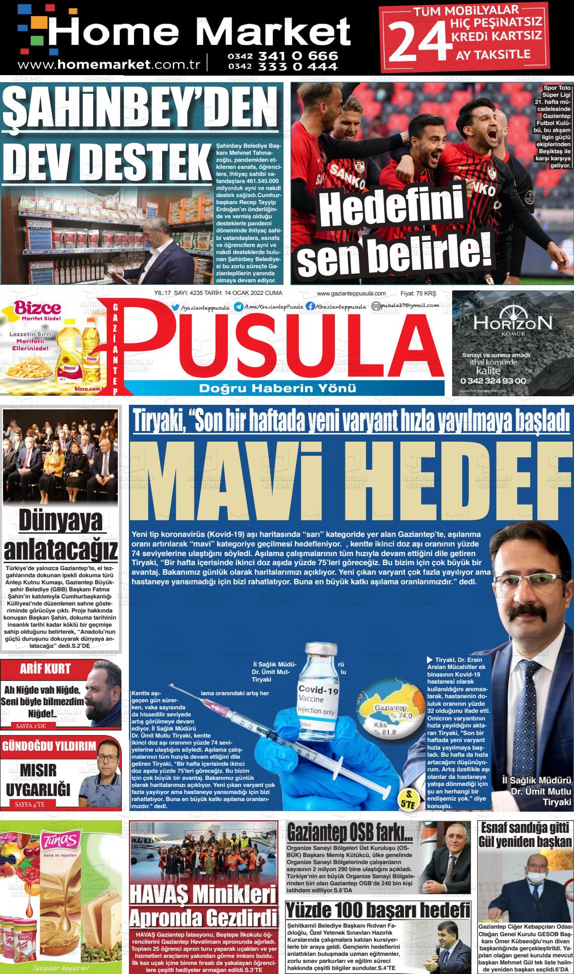 14 Ocak 2022 Gaziantep Pusula Gazete Manşeti