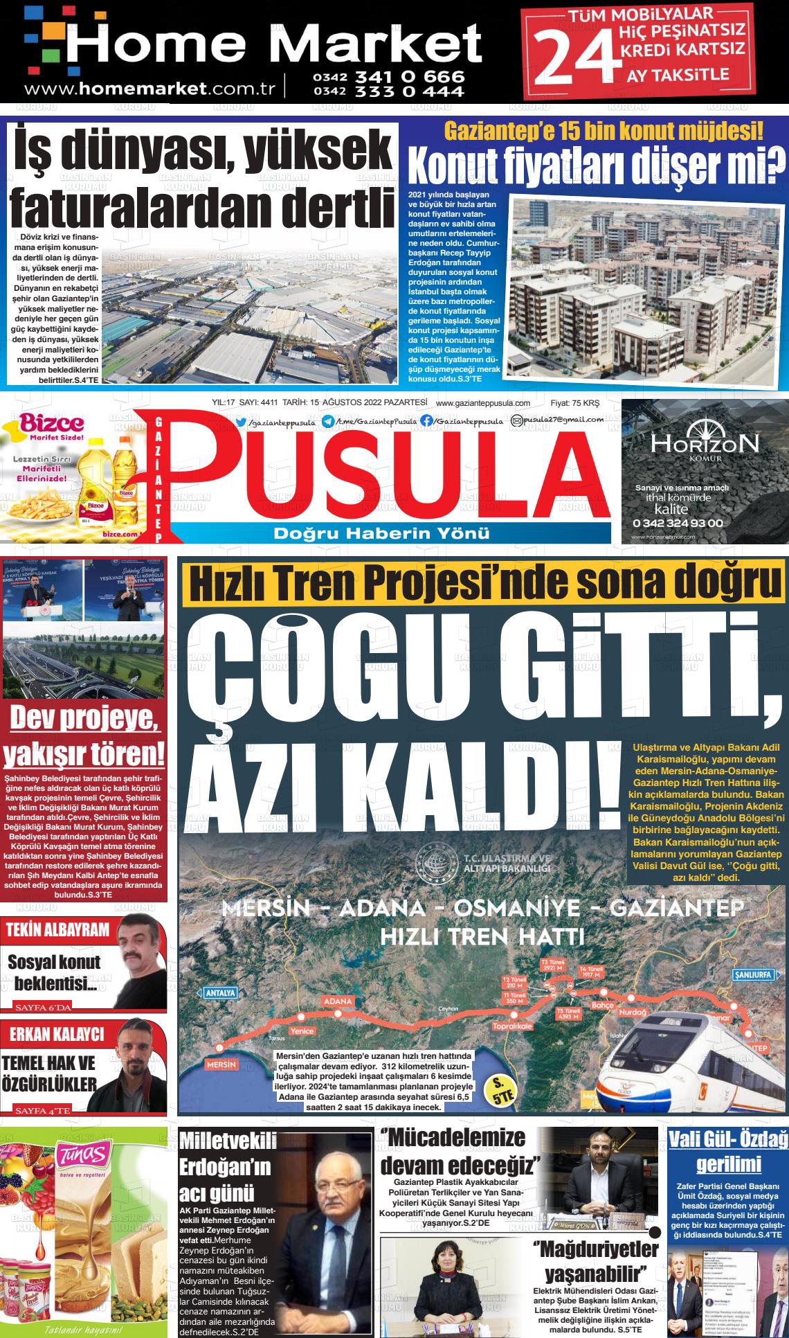15 Ağustos 2022 Gaziantep Pusula Gazete Manşeti