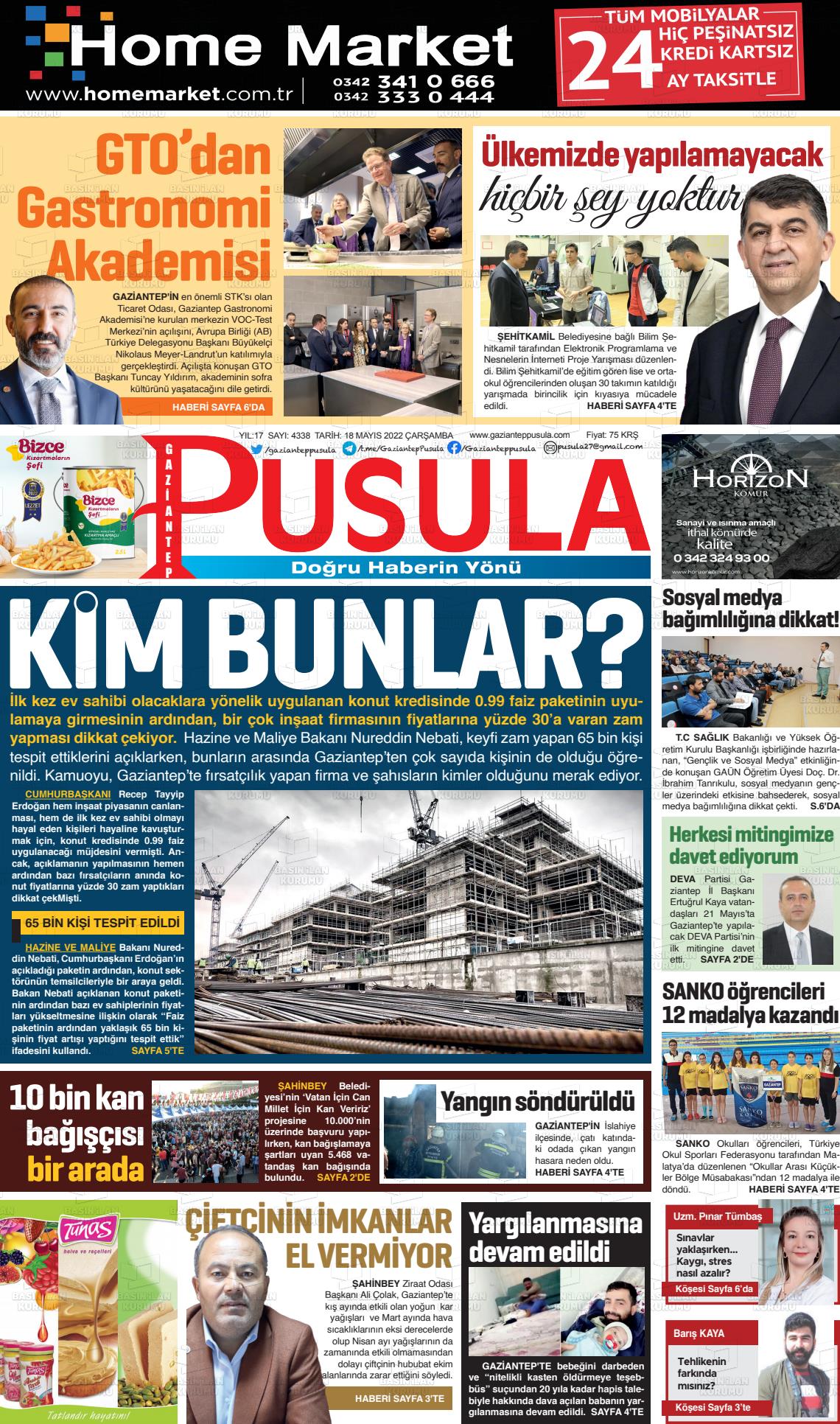 18 Mayıs 2022 Gaziantep Pusula Gazete Manşeti