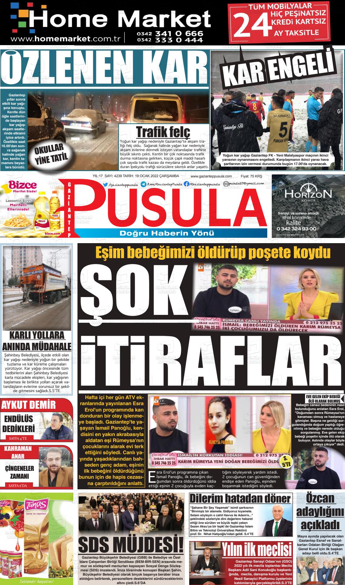 19 Ocak 2022 Gaziantep Pusula Gazete Manşeti