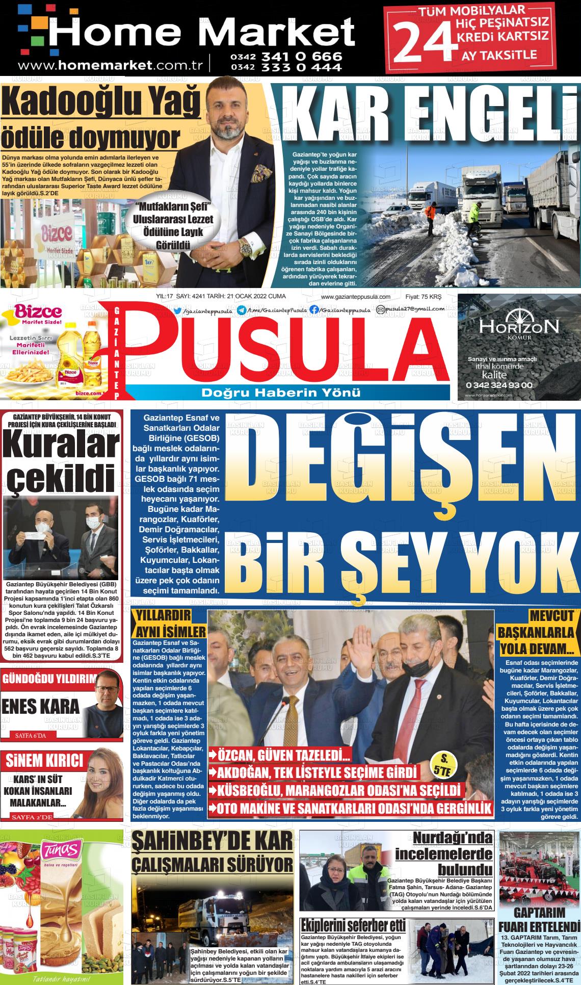21 Ocak 2022 Gaziantep Pusula Gazete Manşeti