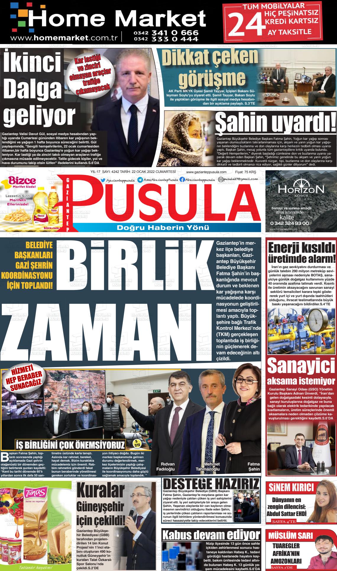 22 Ocak 2022 Gaziantep Pusula Gazete Manşeti