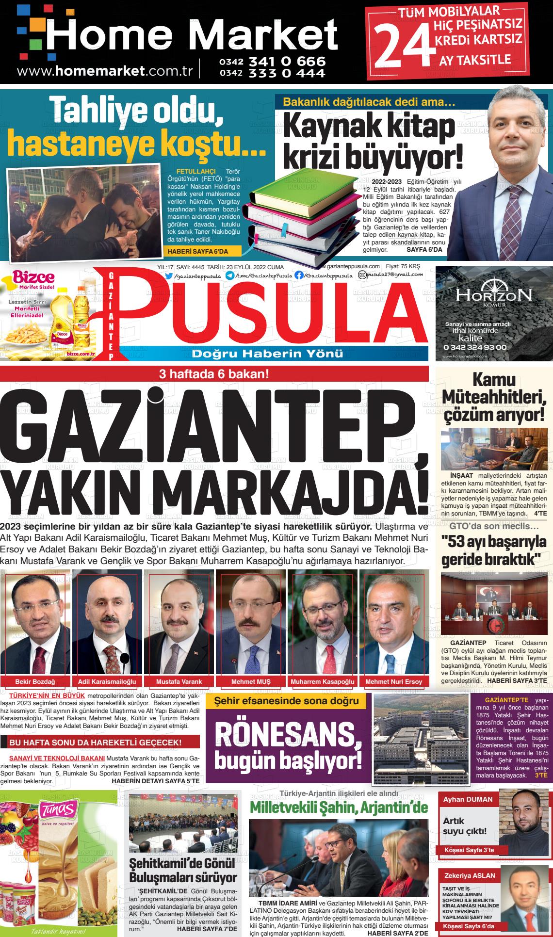 23 Eylül 2022 Gaziantep Pusula Gazete Manşeti