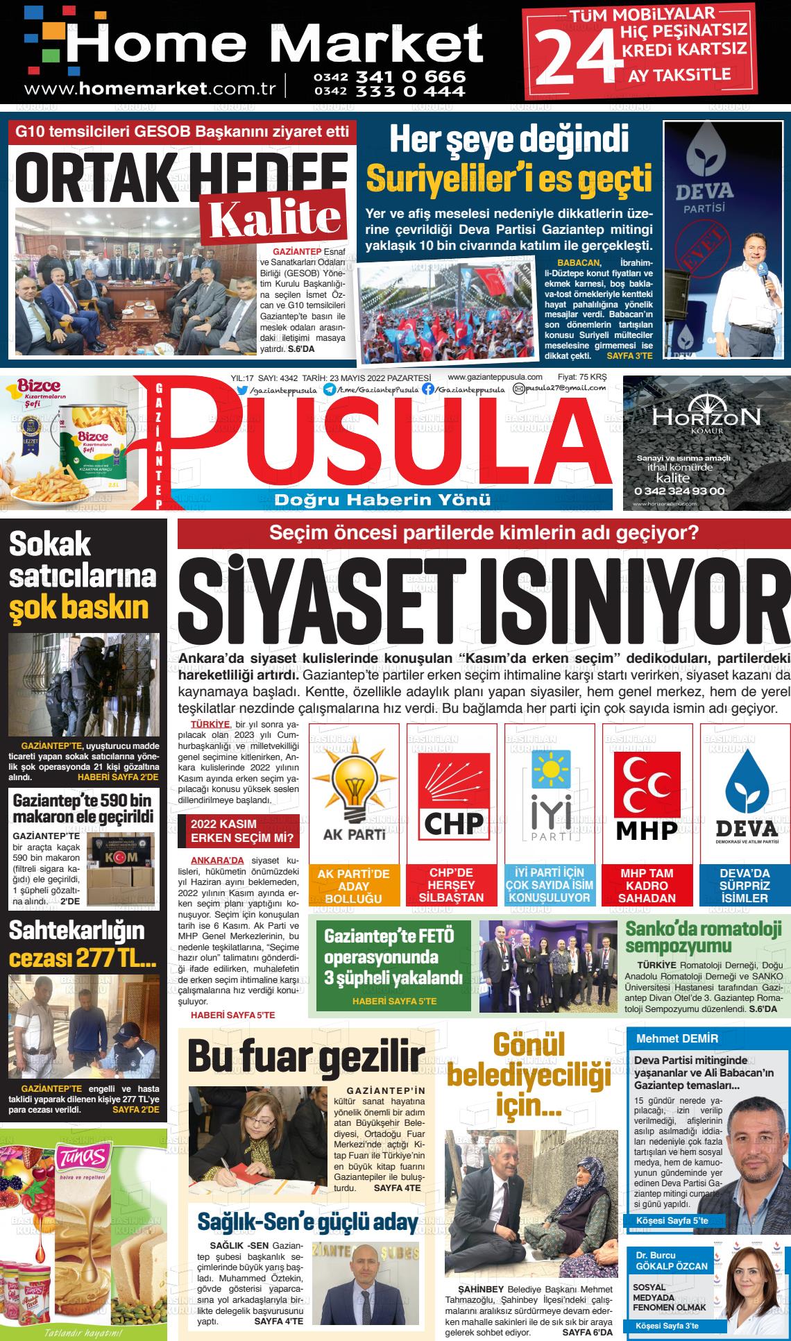 23 Mayıs 2022 Gaziantep Pusula Gazete Manşeti