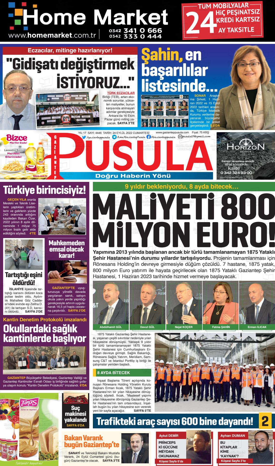 24 Eylül 2022 Gaziantep Pusula Gazete Manşeti