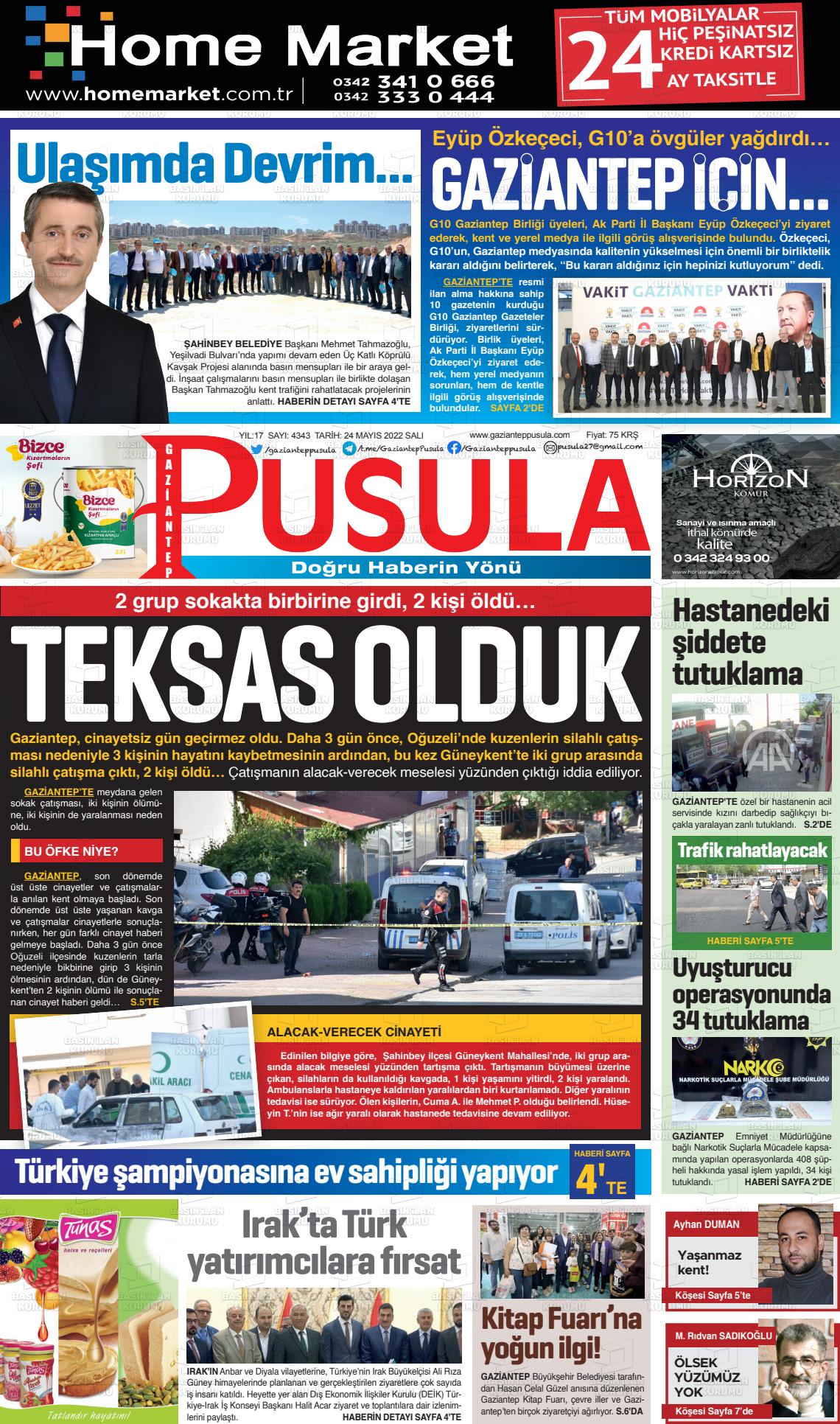 24 Mayıs 2022 Gaziantep Pusula Gazete Manşeti