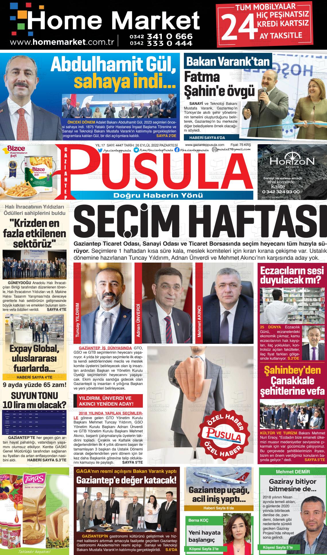 26 Eylül 2022 Gaziantep Pusula Gazete Manşeti