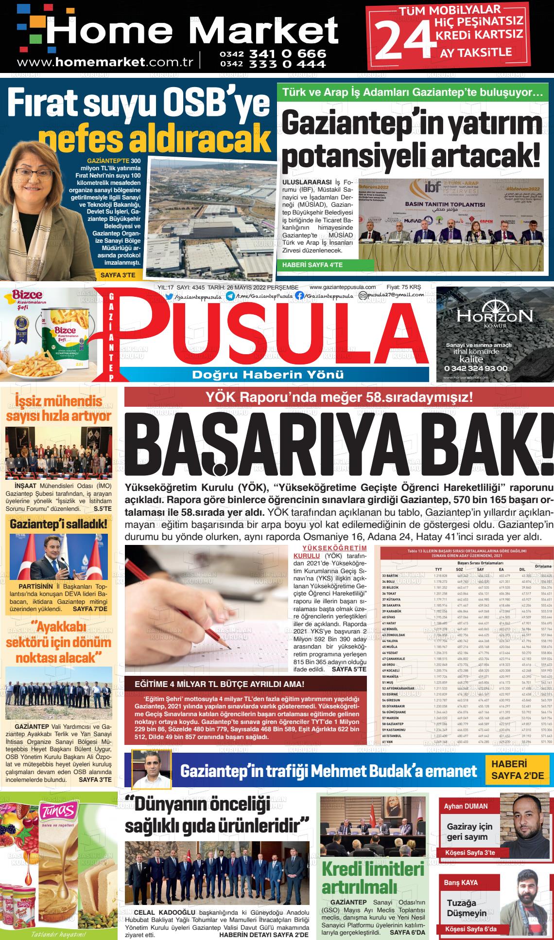26 Mayıs 2022 Gaziantep Pusula Gazete Manşeti