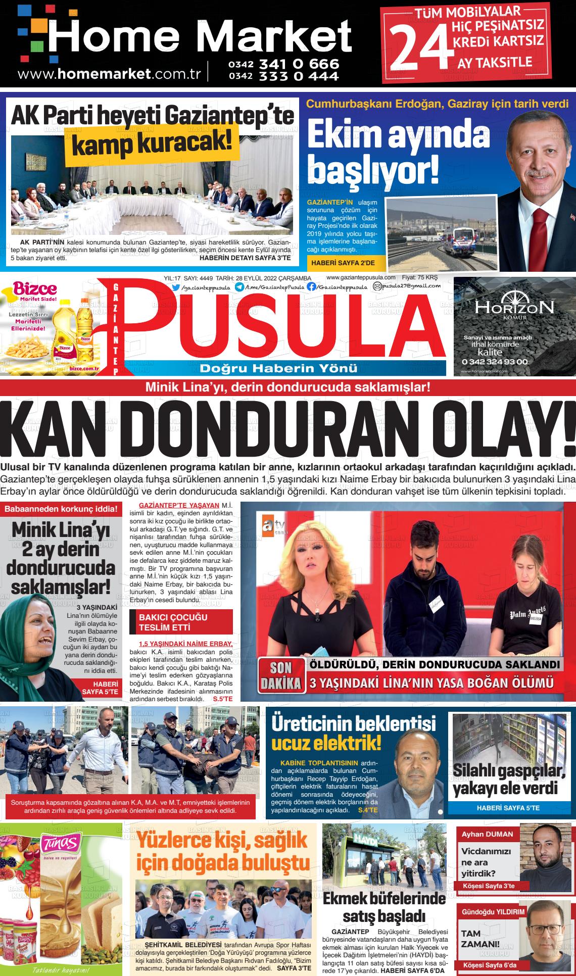 28 Eylül 2022 Gaziantep Pusula Gazete Manşeti