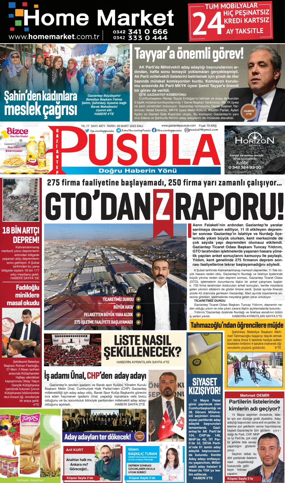 28 Mart 2023 Gaziantep Pusula Gazete Manşeti