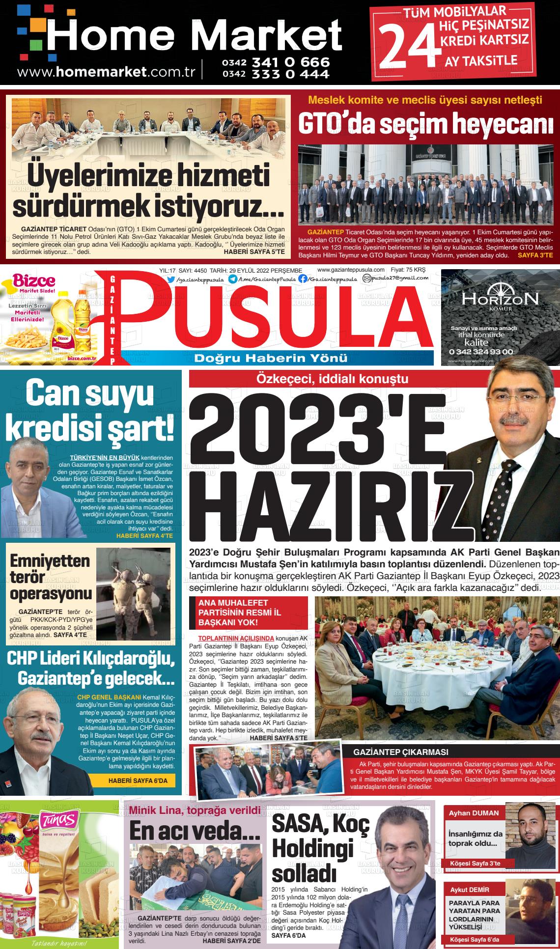 29 Eylül 2022 Gaziantep Pusula Gazete Manşeti