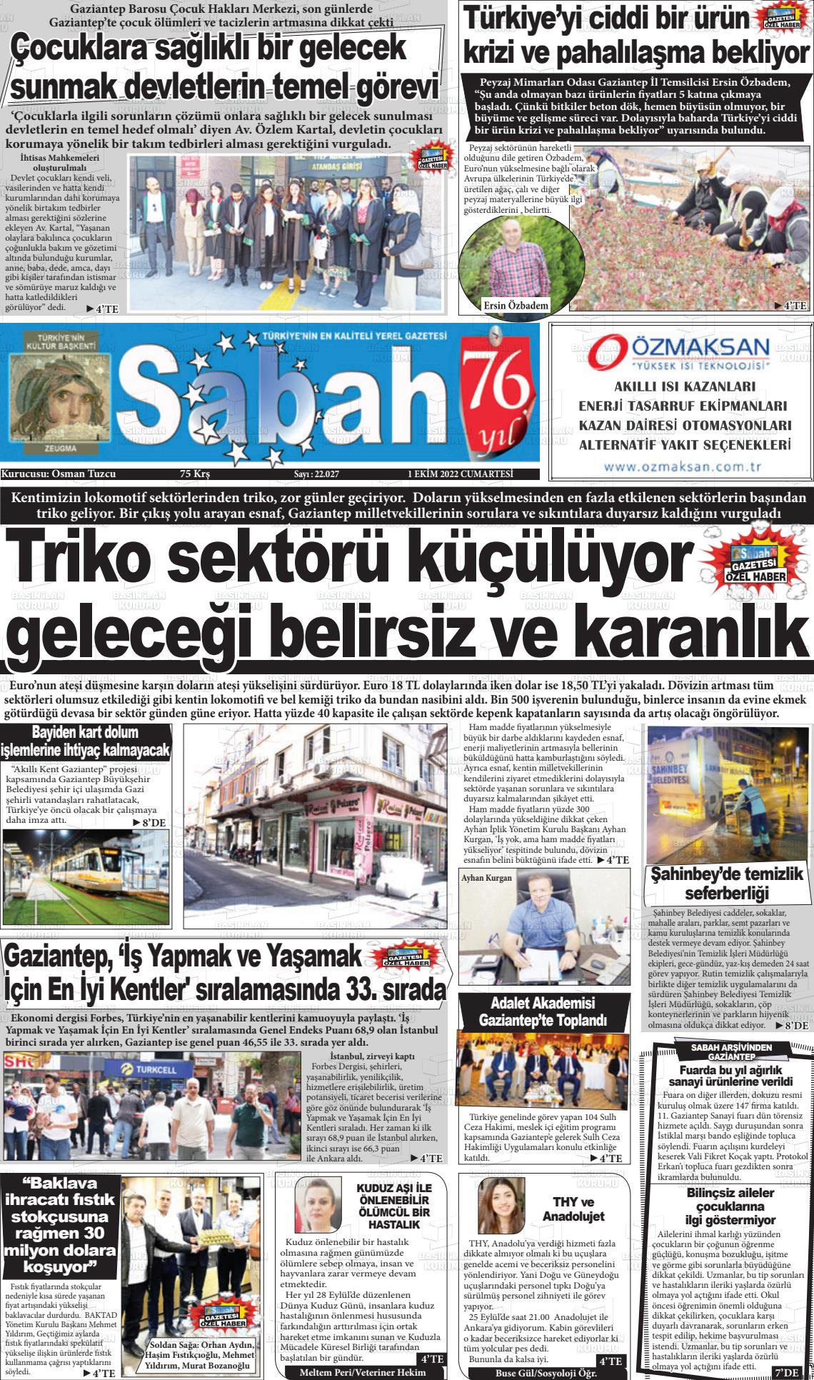 01 Ekim 2022 Gaziantep Sabah Gazete Manşeti