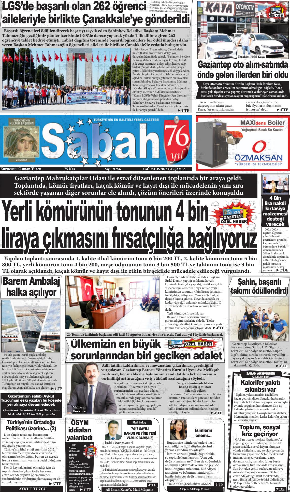 03 Ağustos 2022 Gaziantep Sabah Gazete Manşeti