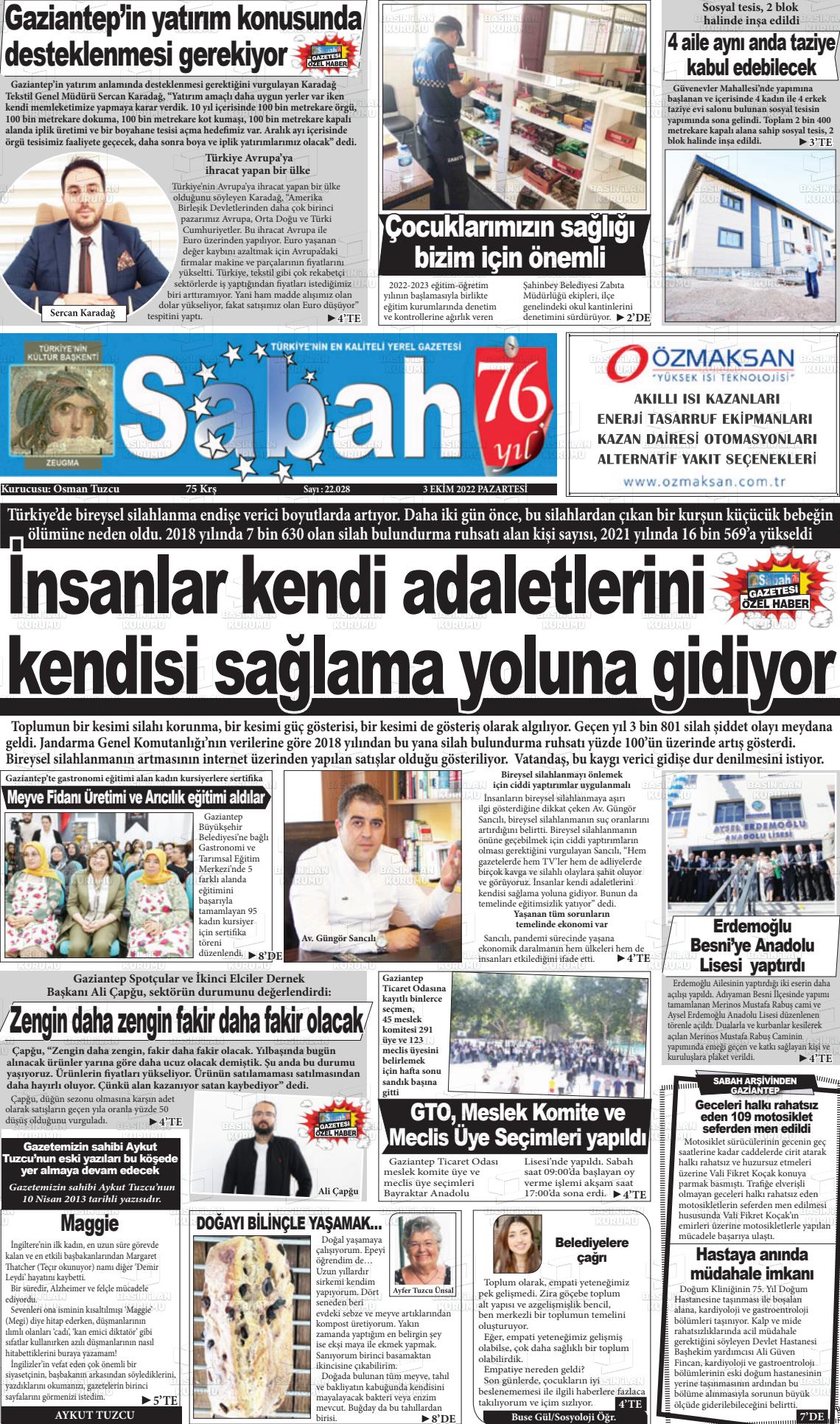 03 Ekim 2022 Gaziantep Sabah Gazete Manşeti