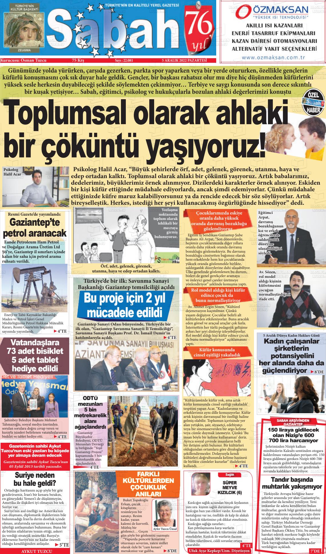 05 Aralık 2022 Gaziantep Sabah Gazete Manşeti