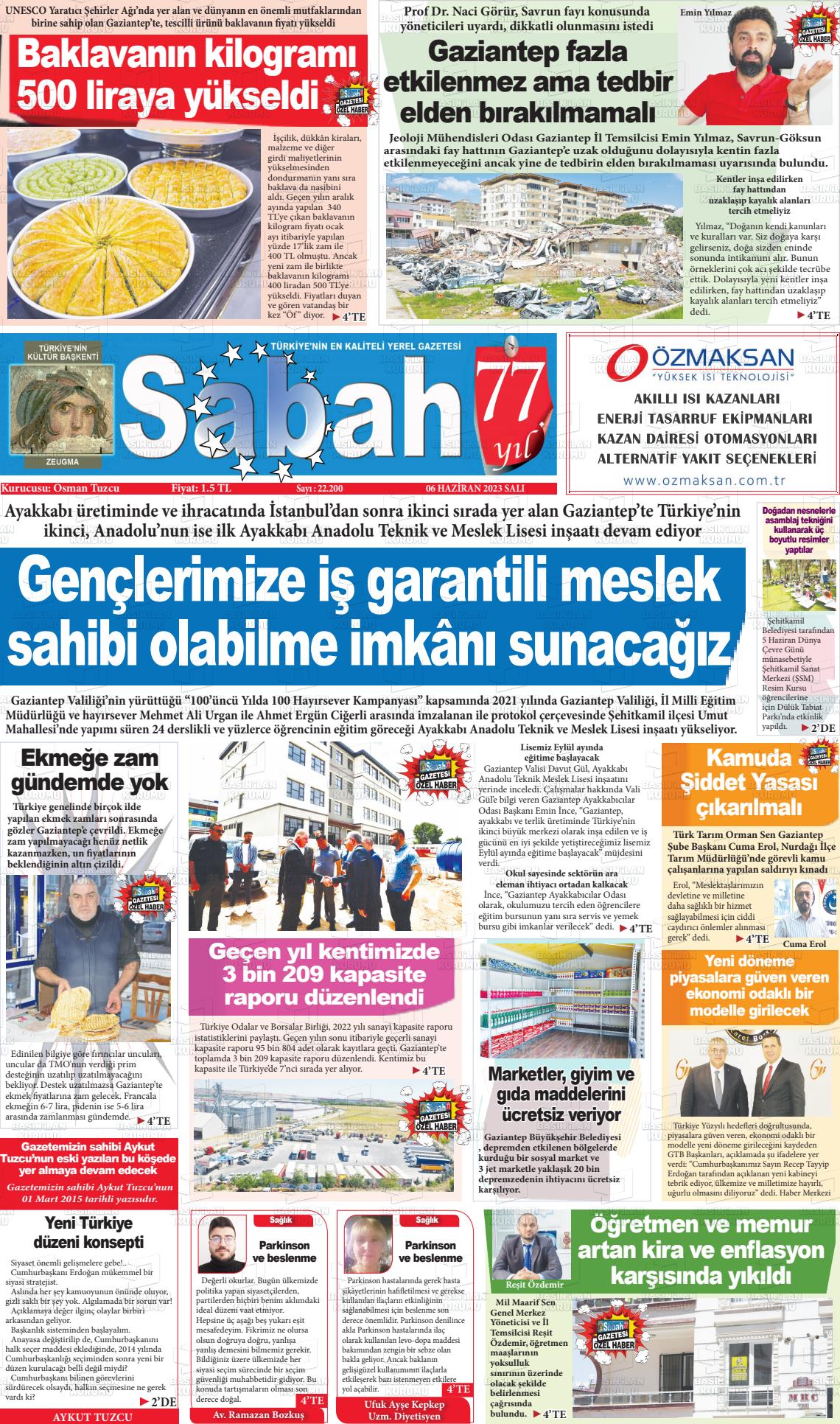 06 Haziran 2023 Gaziantep Sabah Gazete Manşeti