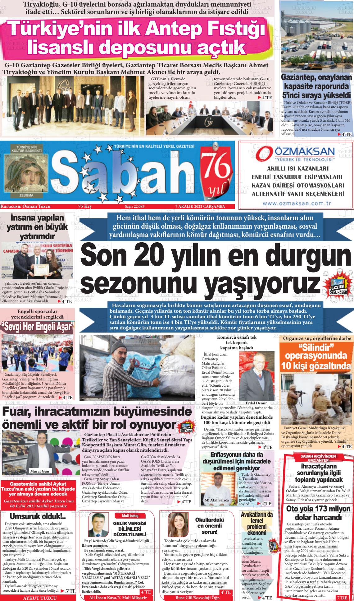 07 Aralık 2022 Gaziantep Sabah Gazete Manşeti