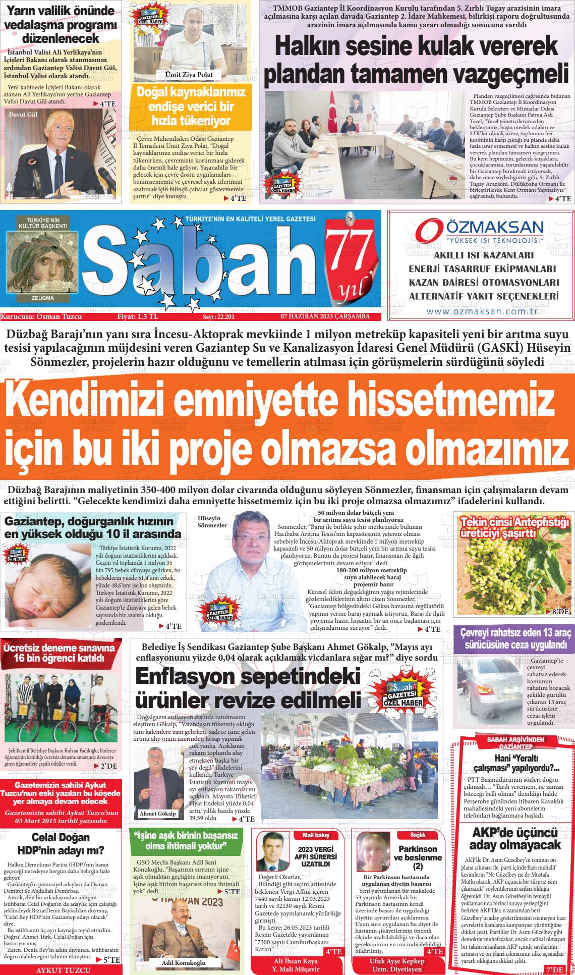 07 Haziran 2023 Gaziantep Sabah Gazete Manşeti