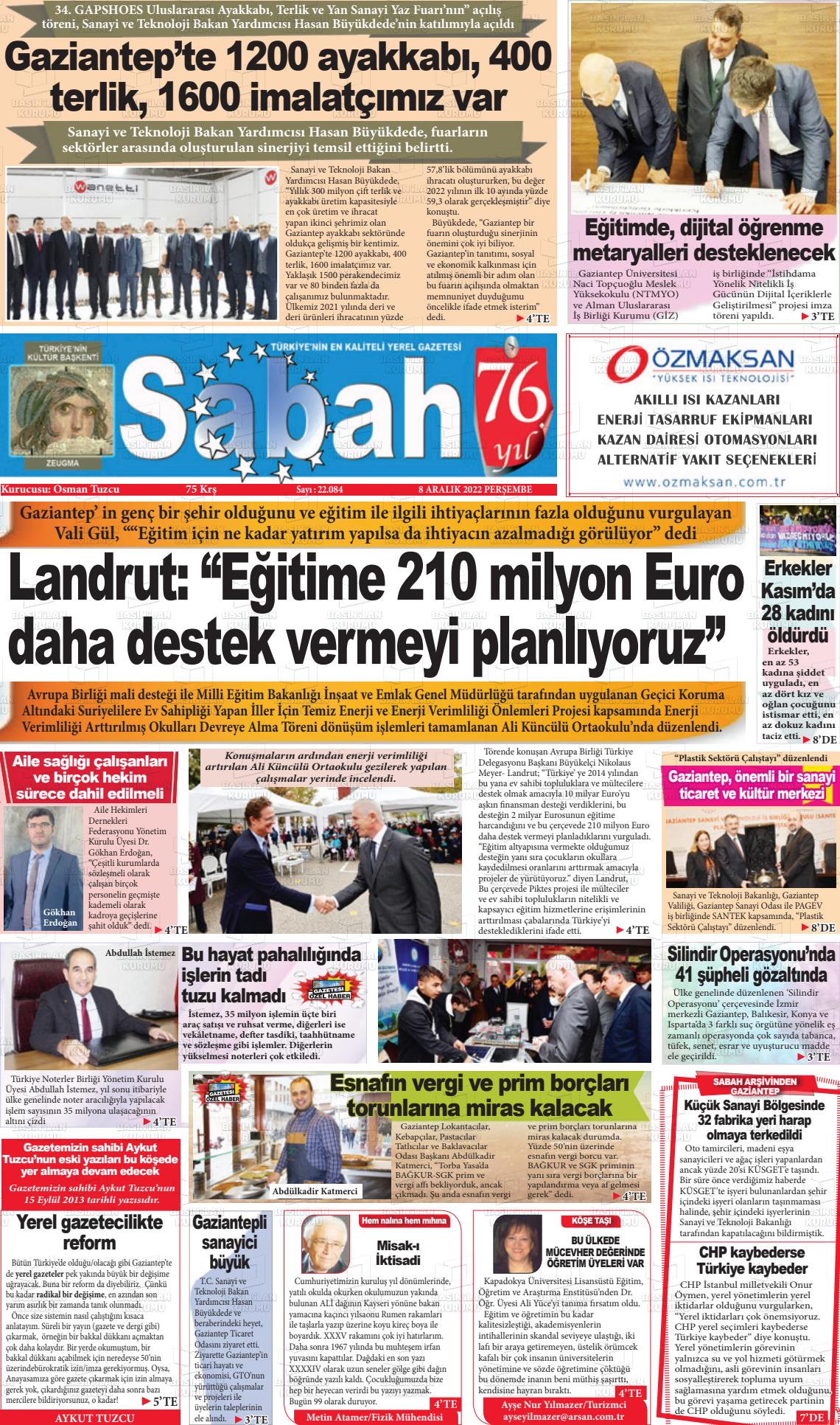 08 Aralık 2022 Gaziantep Sabah Gazete Manşeti
