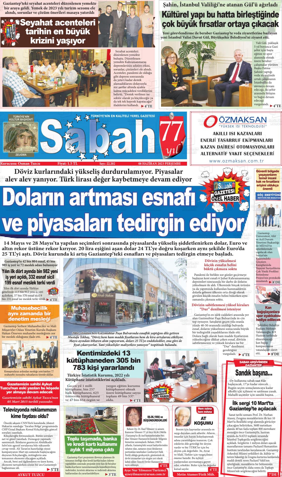 08 Haziran 2023 Gaziantep Sabah Gazete Manşeti