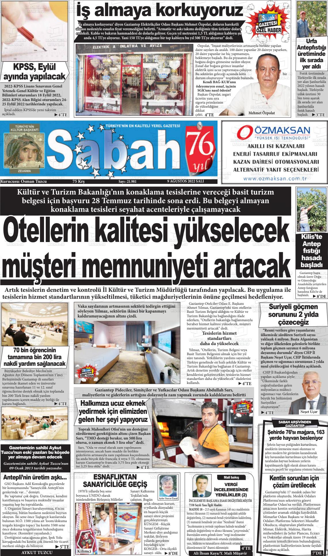 09 Ağustos 2022 Gaziantep Sabah Gazete Manşeti