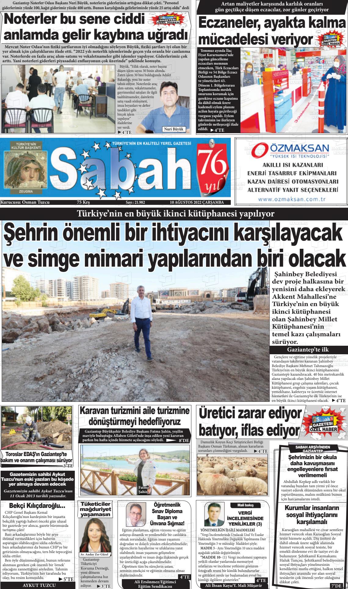 10 Ağustos 2022 Gaziantep Sabah Gazete Manşeti