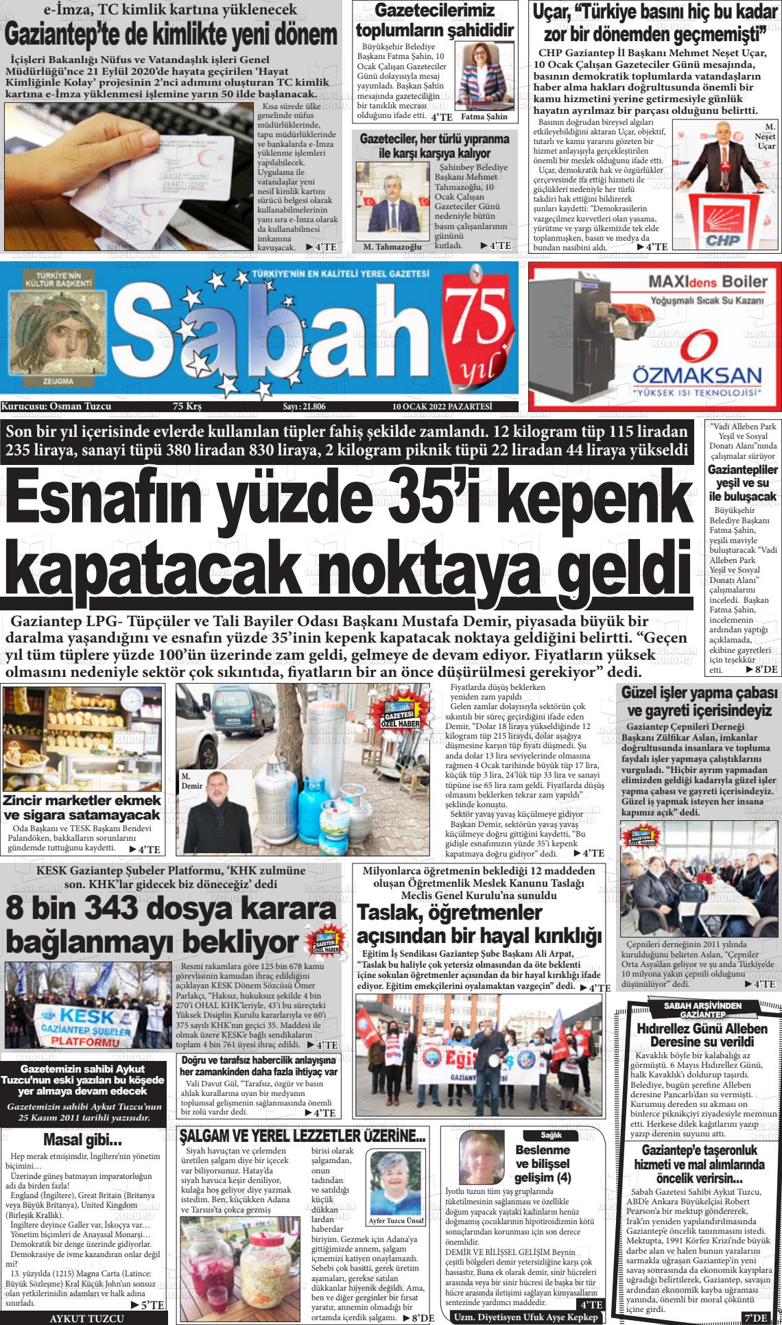 10 Ocak 2022 Gaziantep Sabah Gazete Manşeti