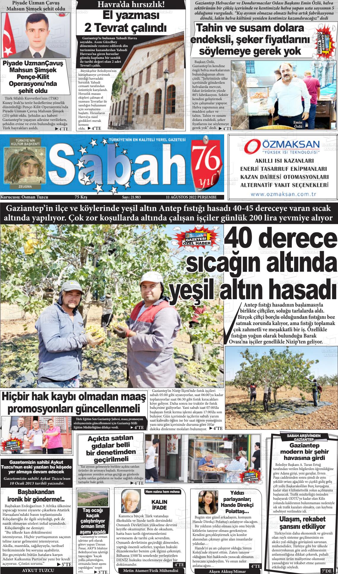 11 Ağustos 2022 Gaziantep Sabah Gazete Manşeti
