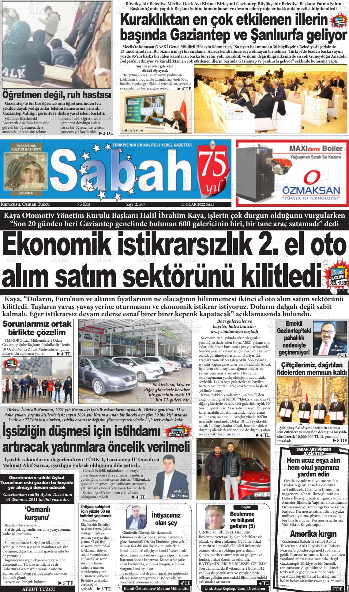 11 Ocak 2022 Gaziantep Sabah Gazete Manşeti