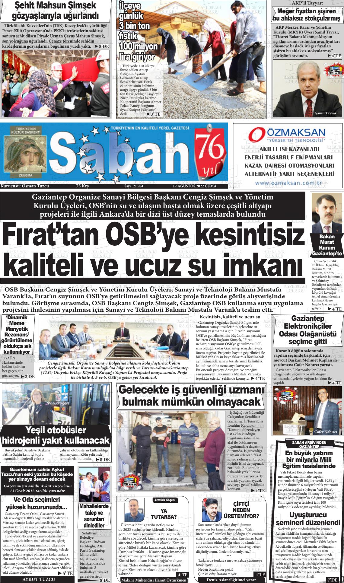 12 Ağustos 2022 Gaziantep Sabah Gazete Manşeti