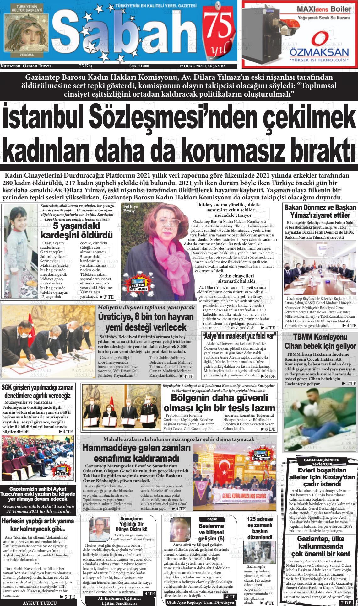 12 Ocak 2022 Gaziantep Sabah Gazete Manşeti
