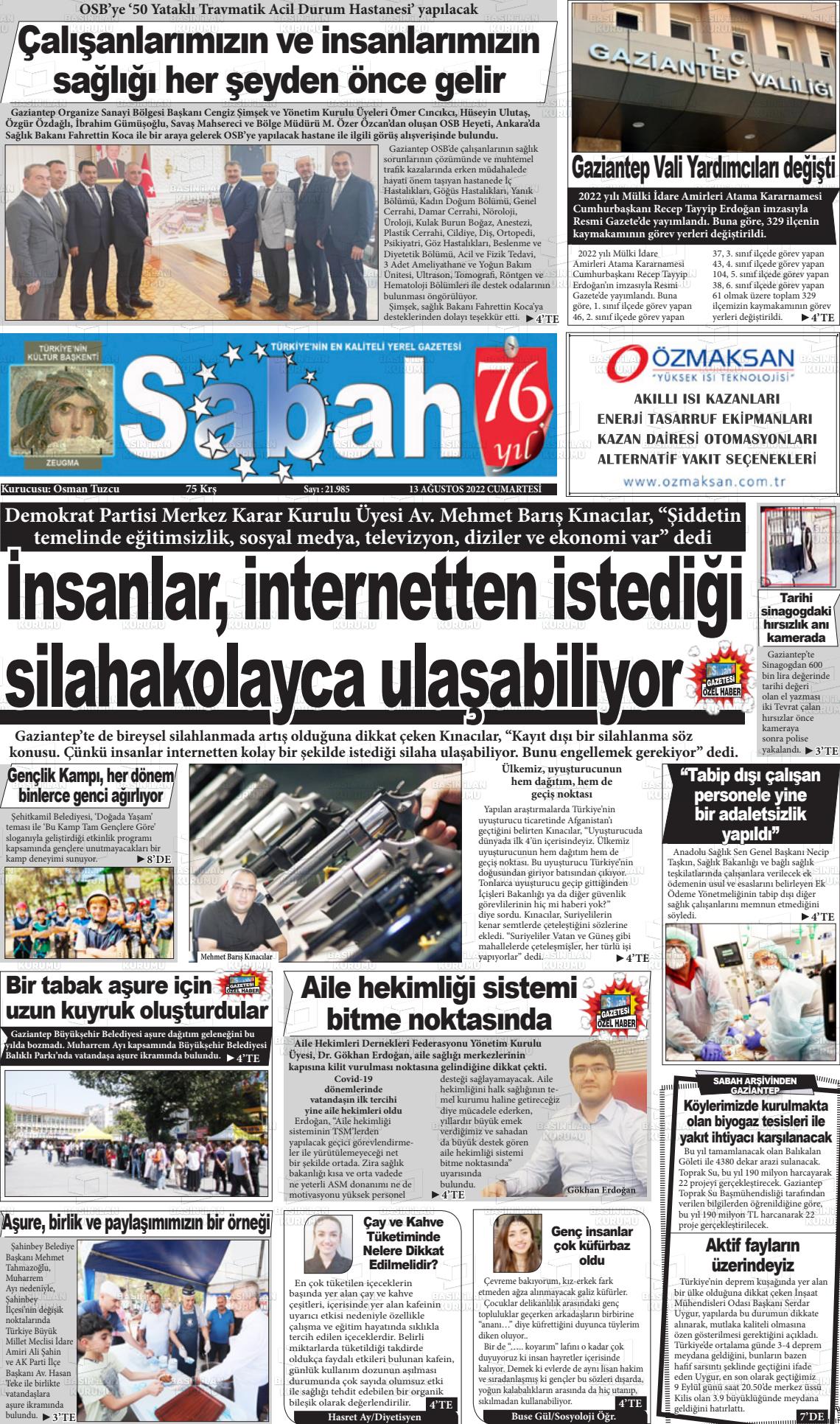 13 Ağustos 2022 Gaziantep Sabah Gazete Manşeti